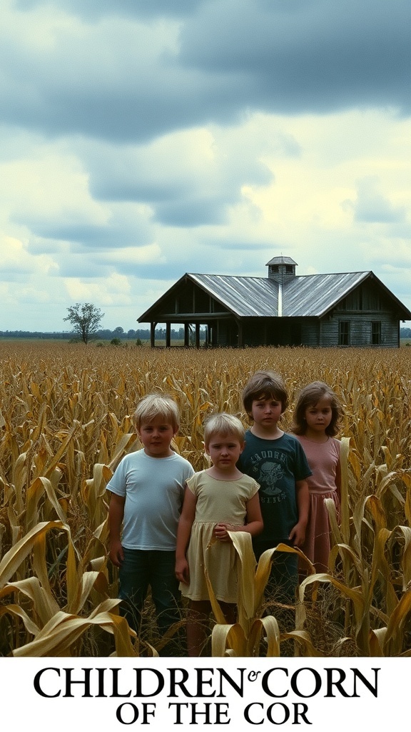 Children from the 1984 film Children of the Corn standing in a cornfield, with a dark sky above.